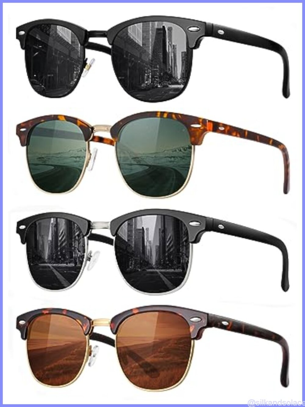 Polarized Retro Semi Rimless Sunglasses 100% UV Protection 4 Pack